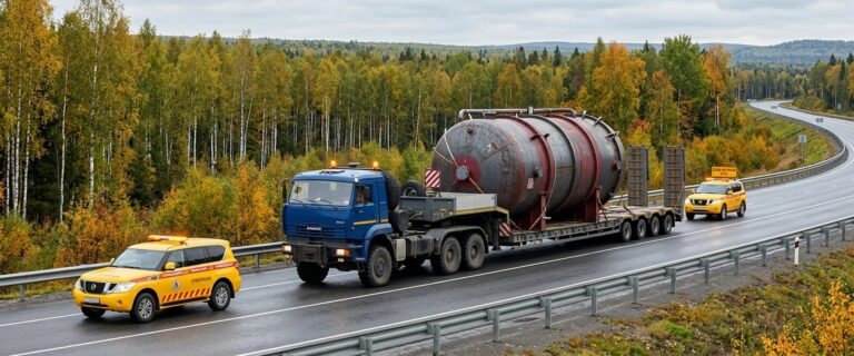 Негабаритный груз с автомобилями прикрытия