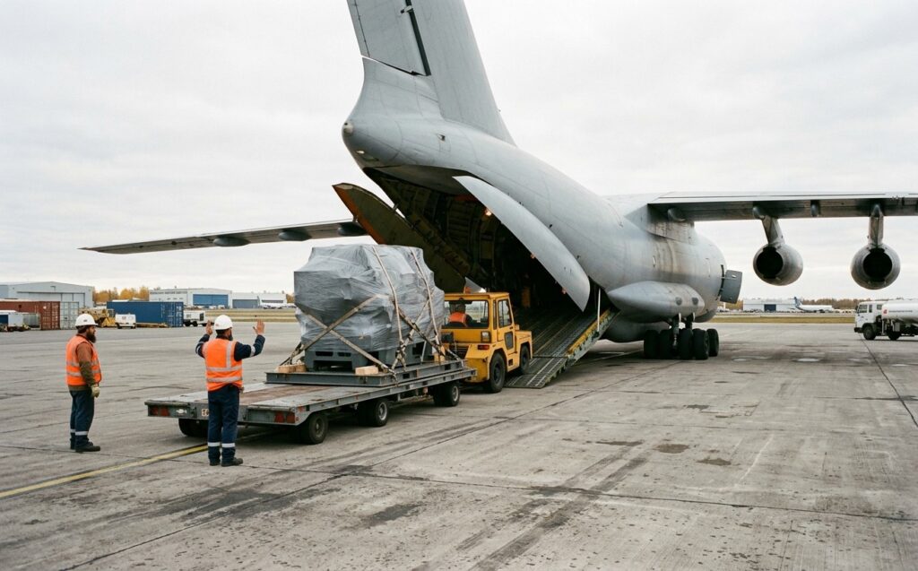 Погрузка крупногабаритного оборудования в грузовой самолёт Ил-76 через кормовую рампу