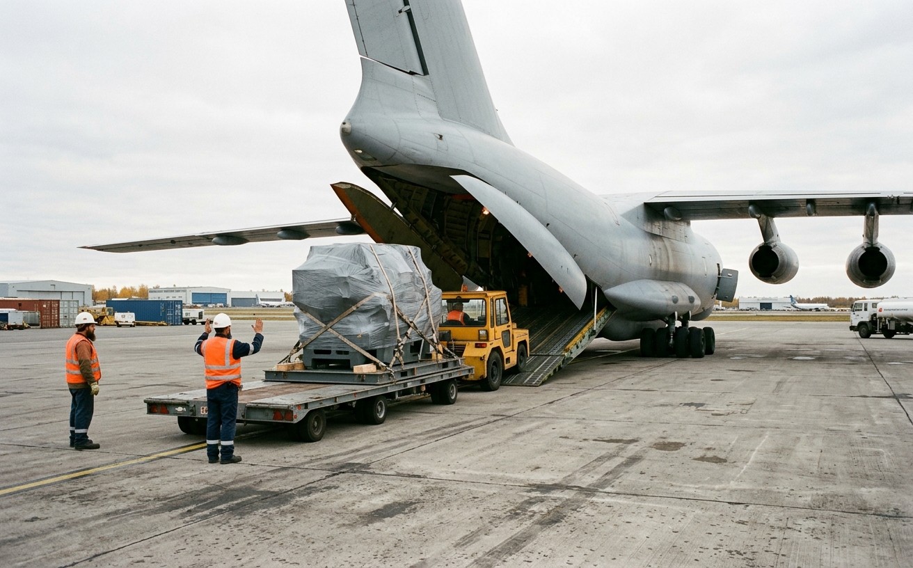 Погрузка крупногабаритного оборудования в грузовой самолёт Ил-76 через кормовую рампу