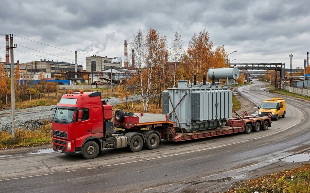 Негабаритная перевозка трансформатора на низкорамном трале с автомобилем прикрытия