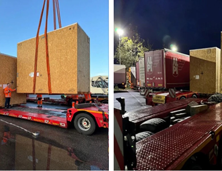 Погрузка оборудования в ящиках на трал краном - TransAsia Logistics